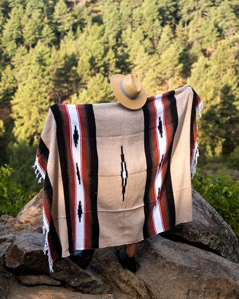 Open Road Goods Tan/Khaki Mexican Yoga Blanket - Thick Diamond Serape with Orange and Brown Stripes - Image 2